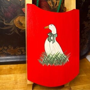 Red Handpainted Decorative Wood Plaque Goose Design shaped like sled sleigh